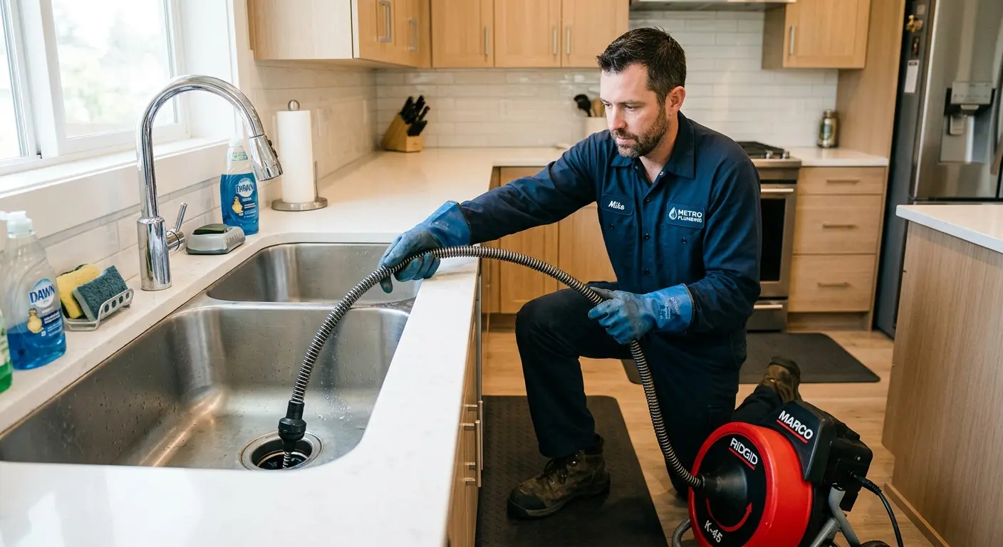 Drain cleaning technician using a motorized snake on a kitchen sink in South Burlington