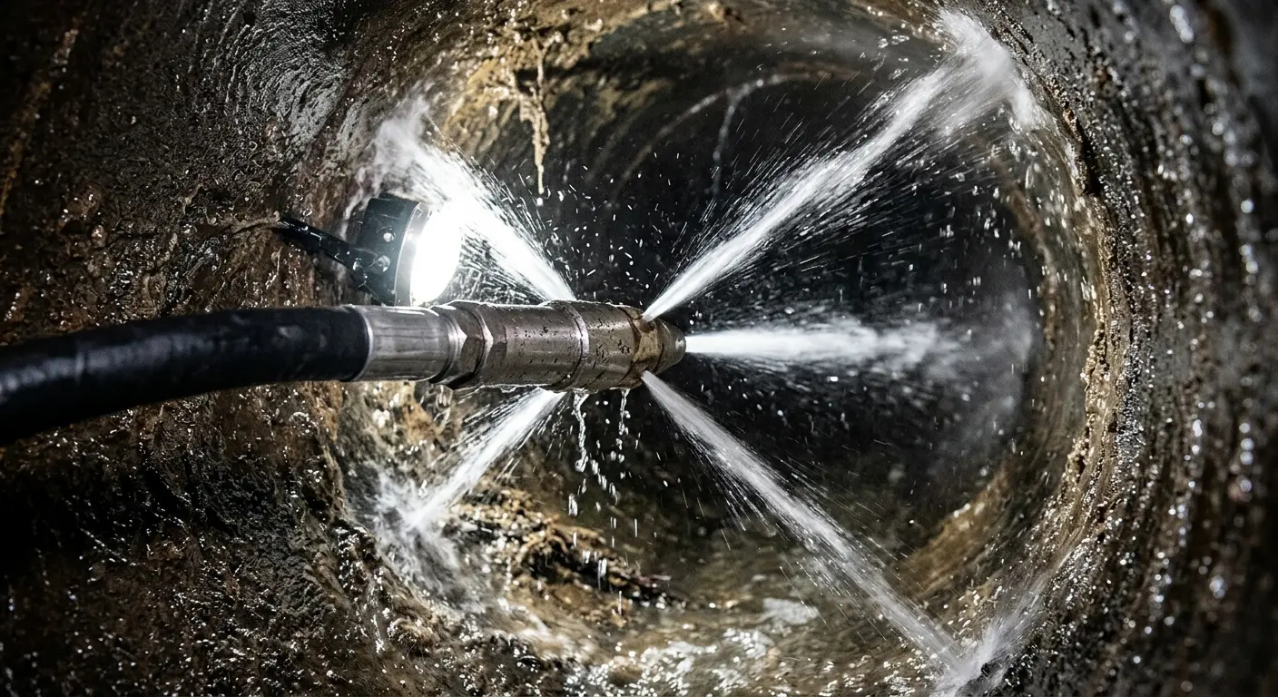 High-pressure hydro jetting nozzle cleaning sewer pipe for Emergency Drain Service in South Burlington