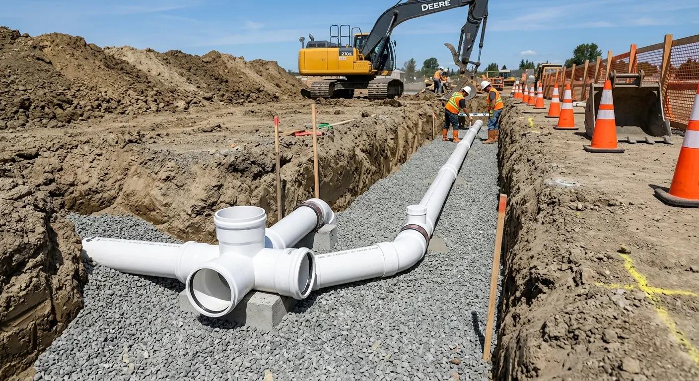 New PVC sewer pipe installation in open trench for Commercial Drain Cleaning in South Burlington