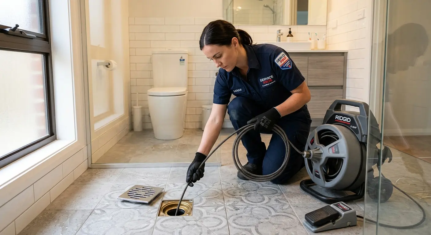 Technician clearing a bathroom floor drain for Clogged Drain Repair in South Burlington